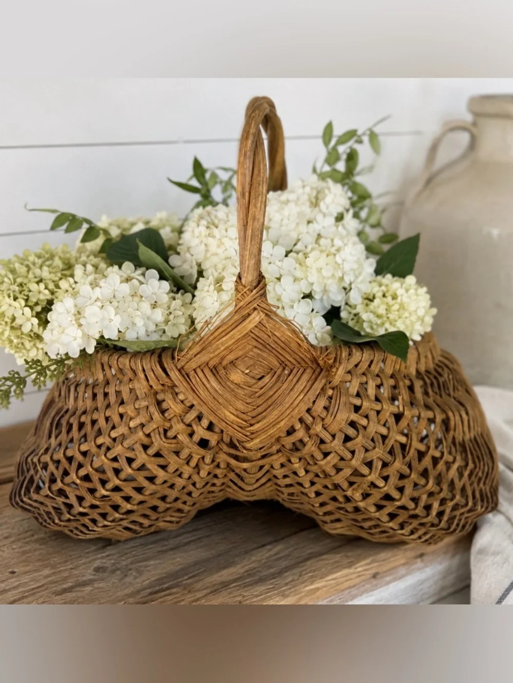 Vintage Handwoven Double Gathering Basket Egg Harvest Market Basket Woven Handle